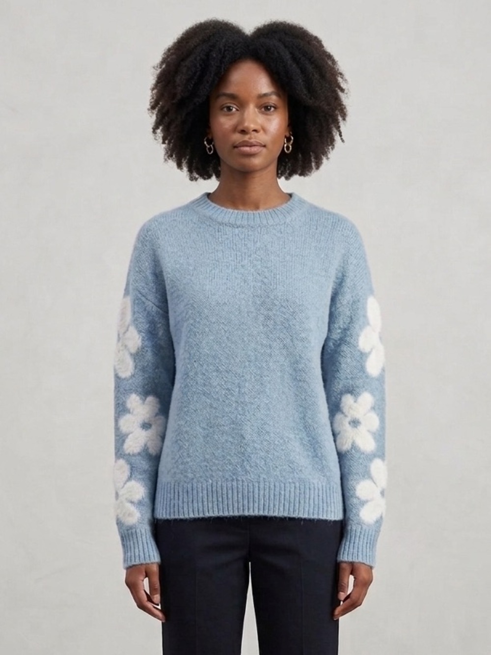 Light Blue Floral Sleeve Crewneck Sweater